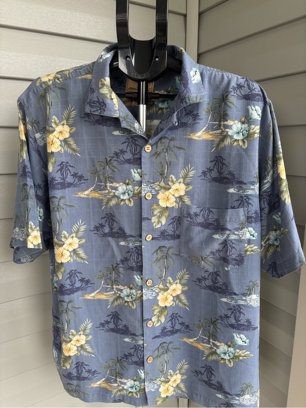Jamaica Jaxx Men’s M 100% Silk Hawaiian Shirt Blue Hibiscus Palm Tropical - Picture 2 of 6